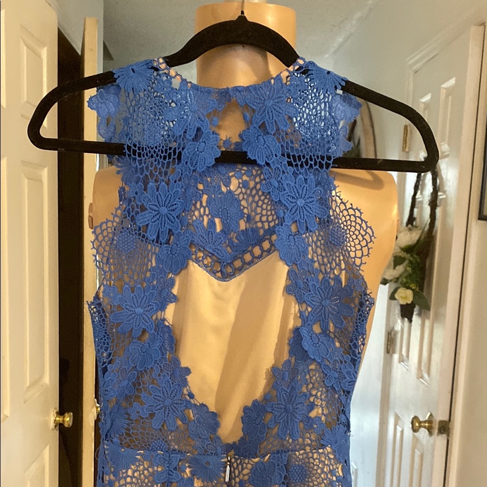Saylor Blue Ruffled Tiered Mini Dress with high Neckline - Picture 11 of 12
